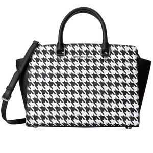 Michael Kors Selma Large Houndstooth Saffiano Satchel Bag